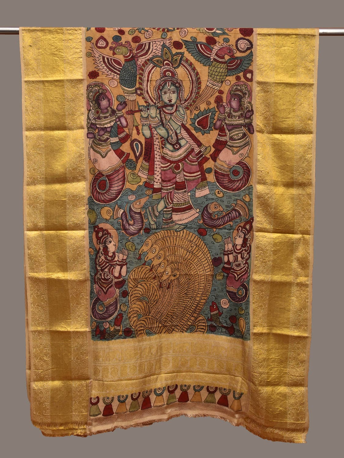 Multicolor Kalamkari Hand Painted Kanchipuram Silk Handloom Dupatta with Krishna on Snake Design ds3110