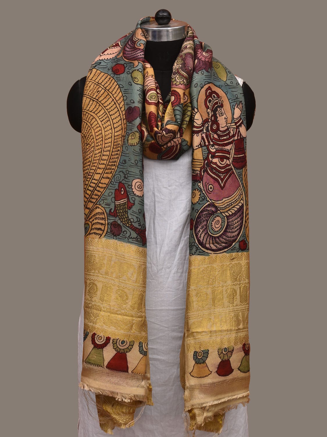 Multicolor Kalamkari Hand Painted Kanchipuram Silk Handloom Dupatta with Krishna on Snake Design ds3110