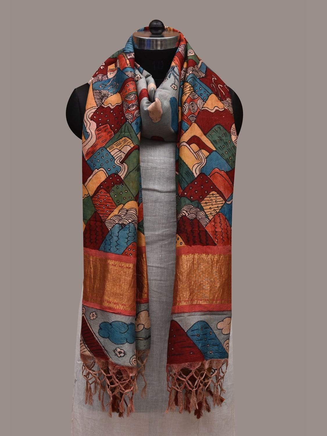 Multicolor Kalamkari Hand Painted Kanchipuram Silk Handloom Dupatta with Mountains Design ds2575