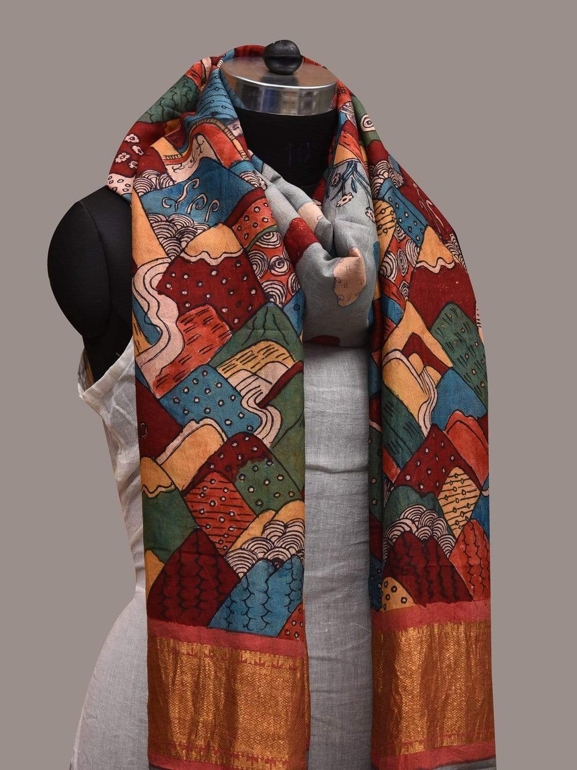 Multicolor Kalamkari Hand Painted Kanchipuram Silk Handloom Dupatta with Mountains Design ds2575