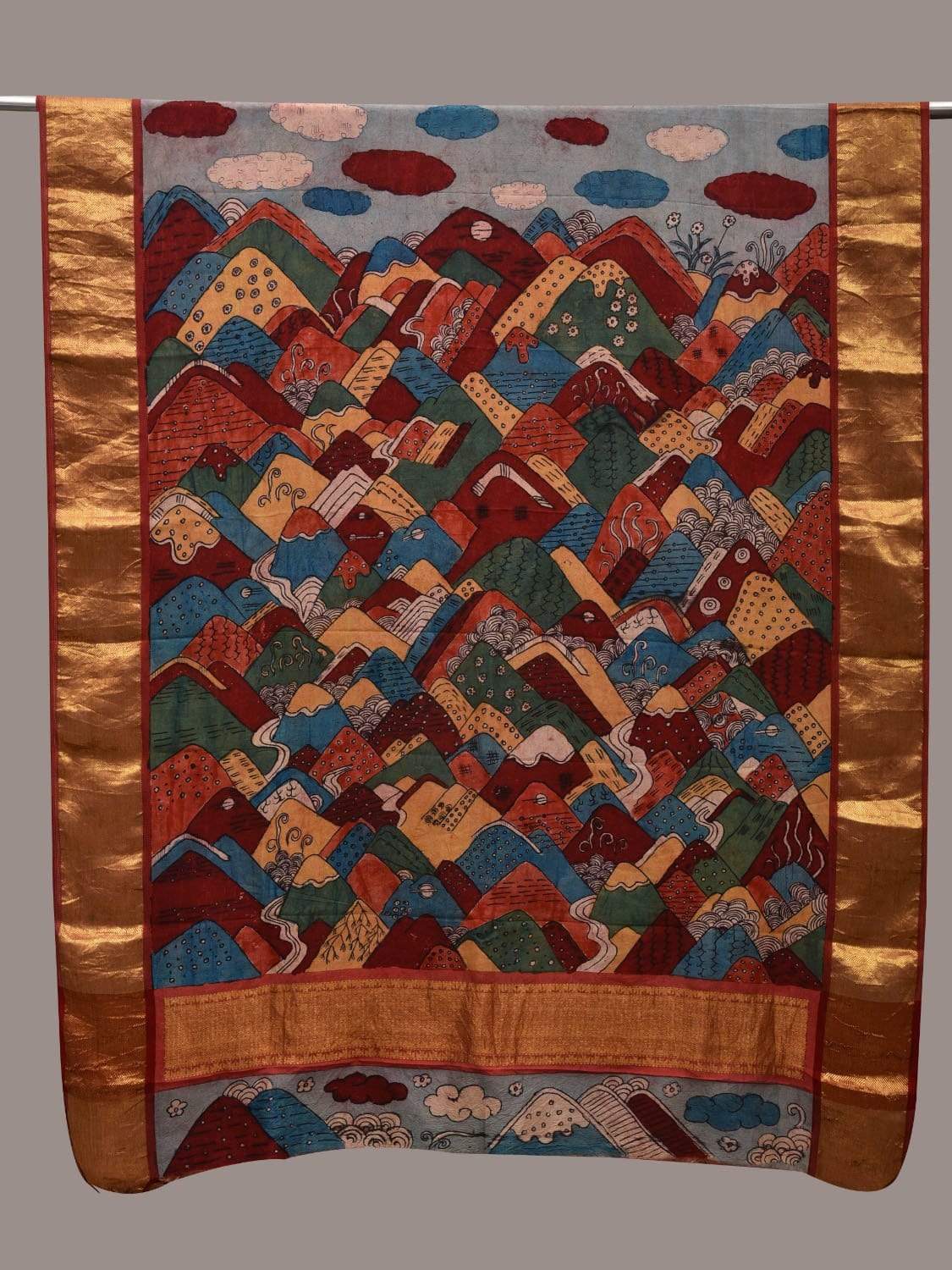 Multicolor Kalamkari Hand Painted Kanchipuram Silk Handloom Dupatta with Mountains Design ds2575