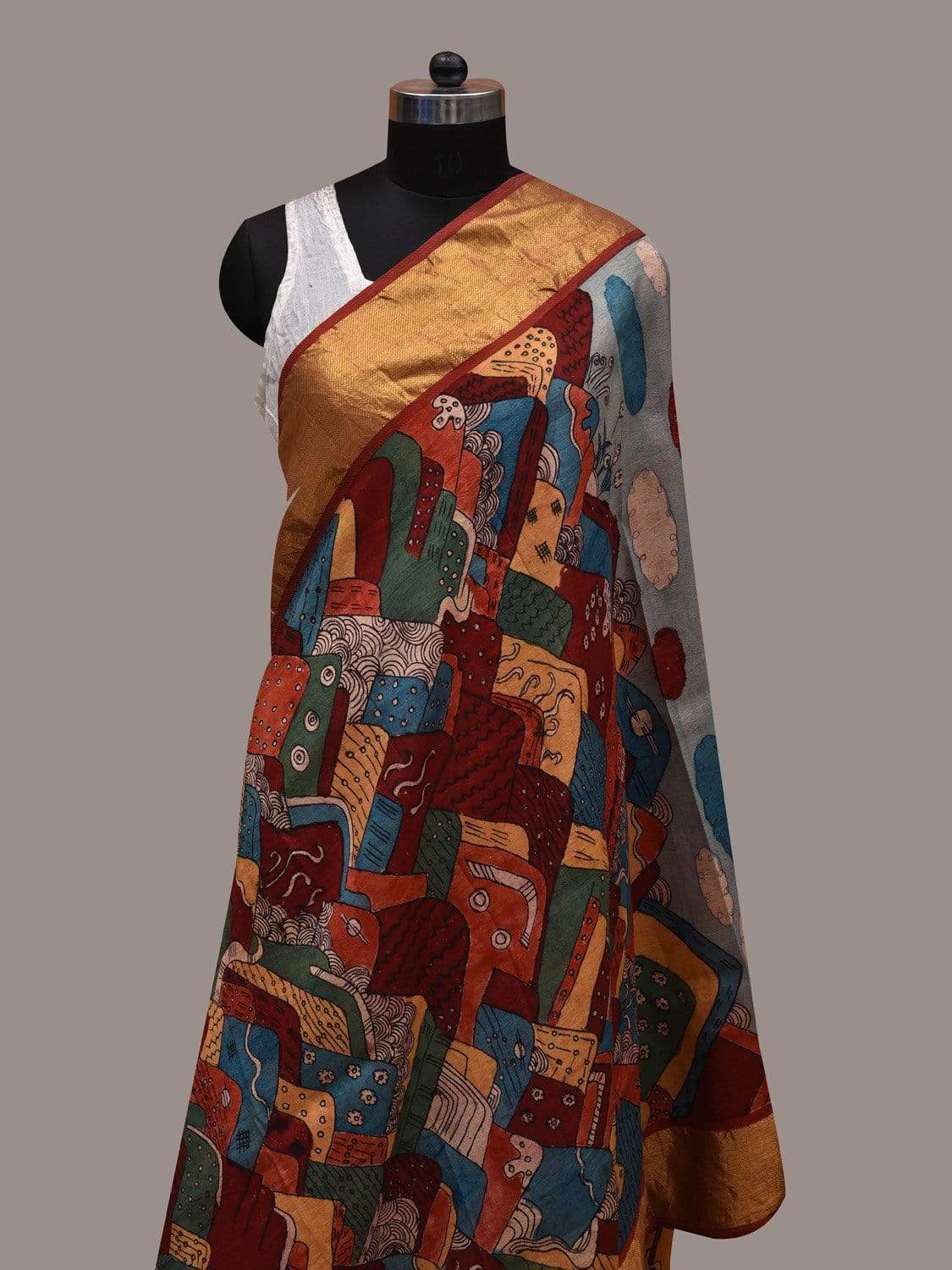 Multicolor Kalamkari Hand Painted Kanchipuram Silk Handloom Dupatta with Mountains Design ds2575