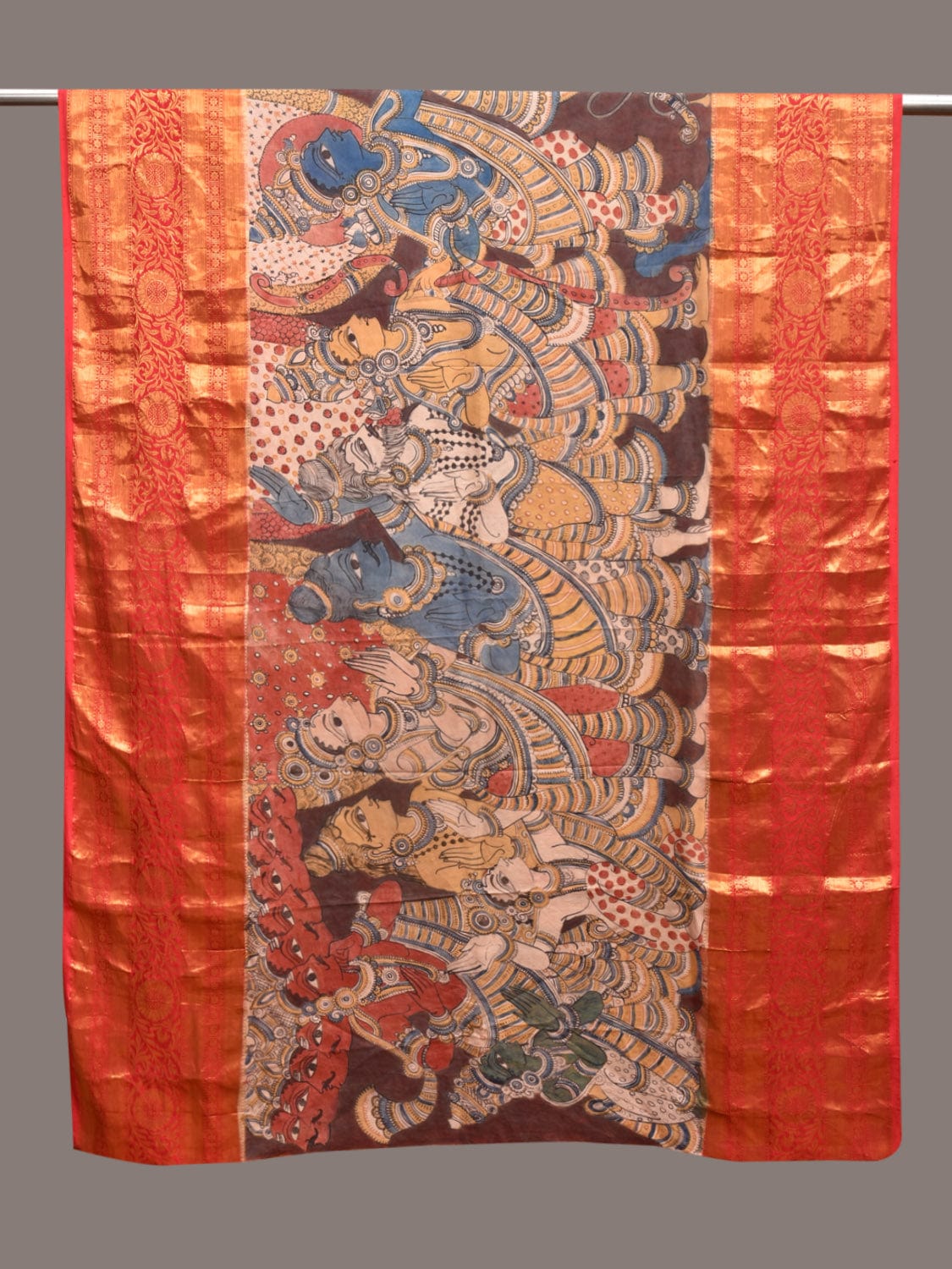 Multicolor Kalamkari Hand Painted Kanchipuram Silk Handloom Dupatta with Ramayana Design ds3575