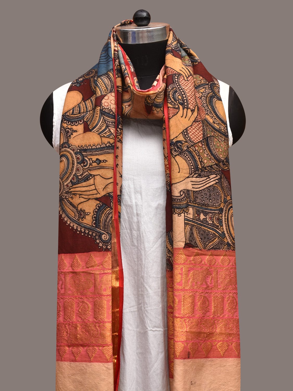 Multicolor Kalamkari Hand Painted Kanchipuram Silk Handloom Dupatta with Ramayana Design ds3576