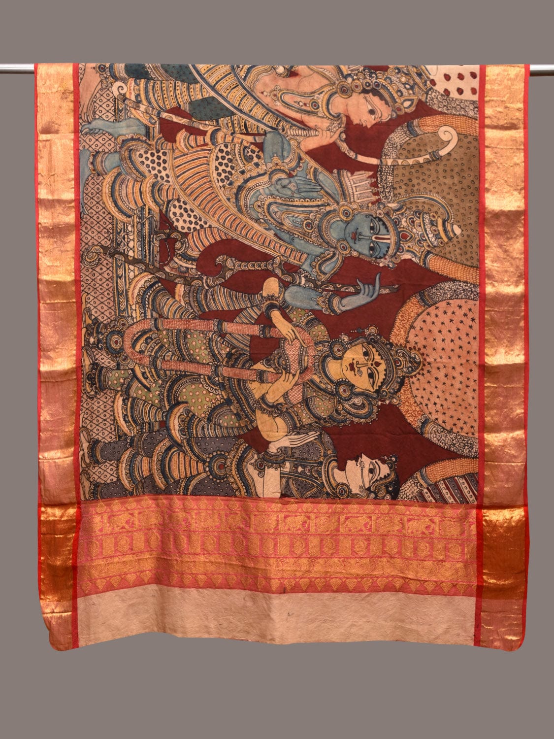 Multicolor Kalamkari Hand Painted Kanchipuram Silk Handloom Dupatta with Ramayana Design ds3576