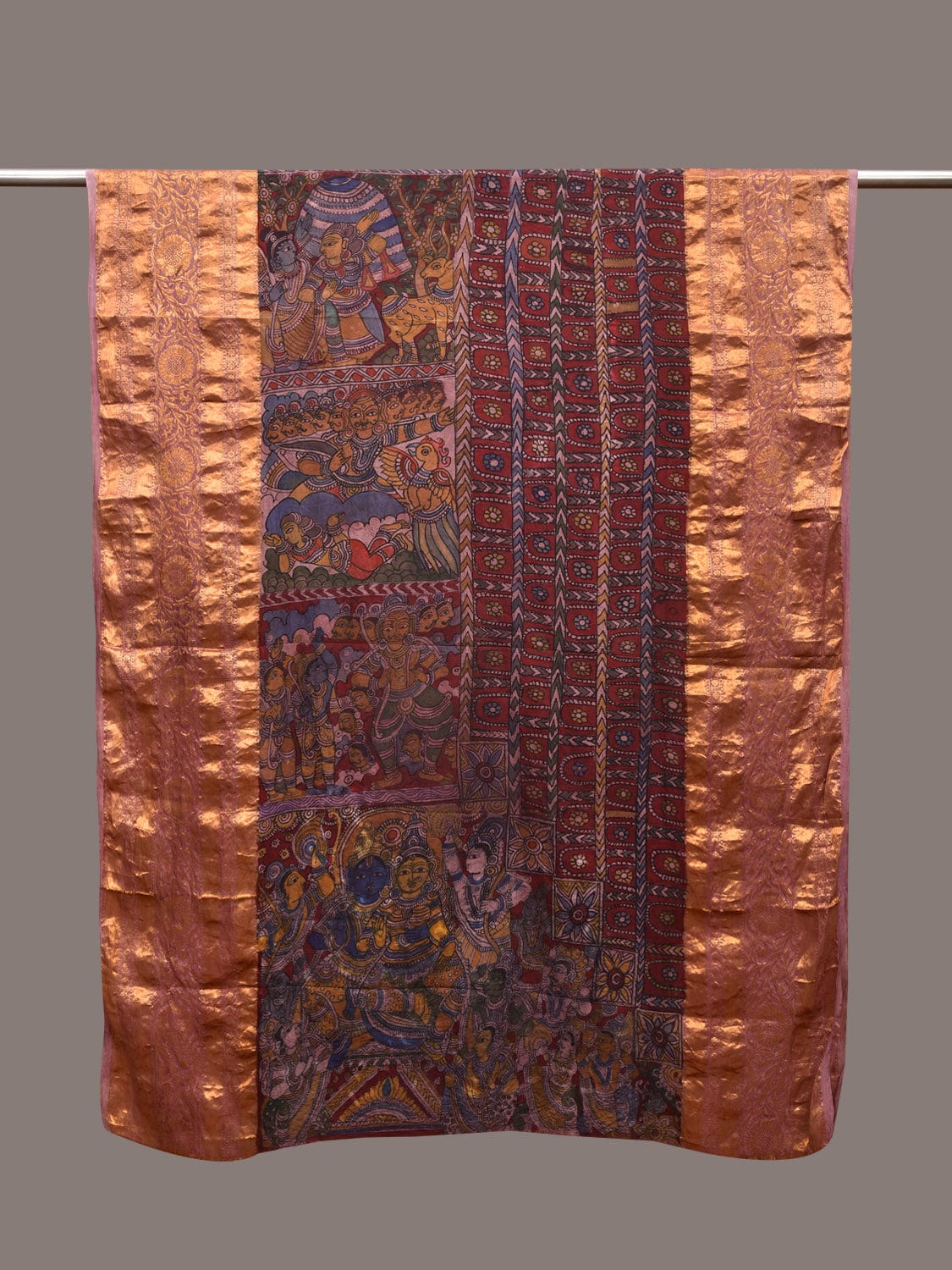 Multicolor Kalamkari Hand Painted Kanchipuram Silk Handloom Dupatta with Ramayana Design ds3579