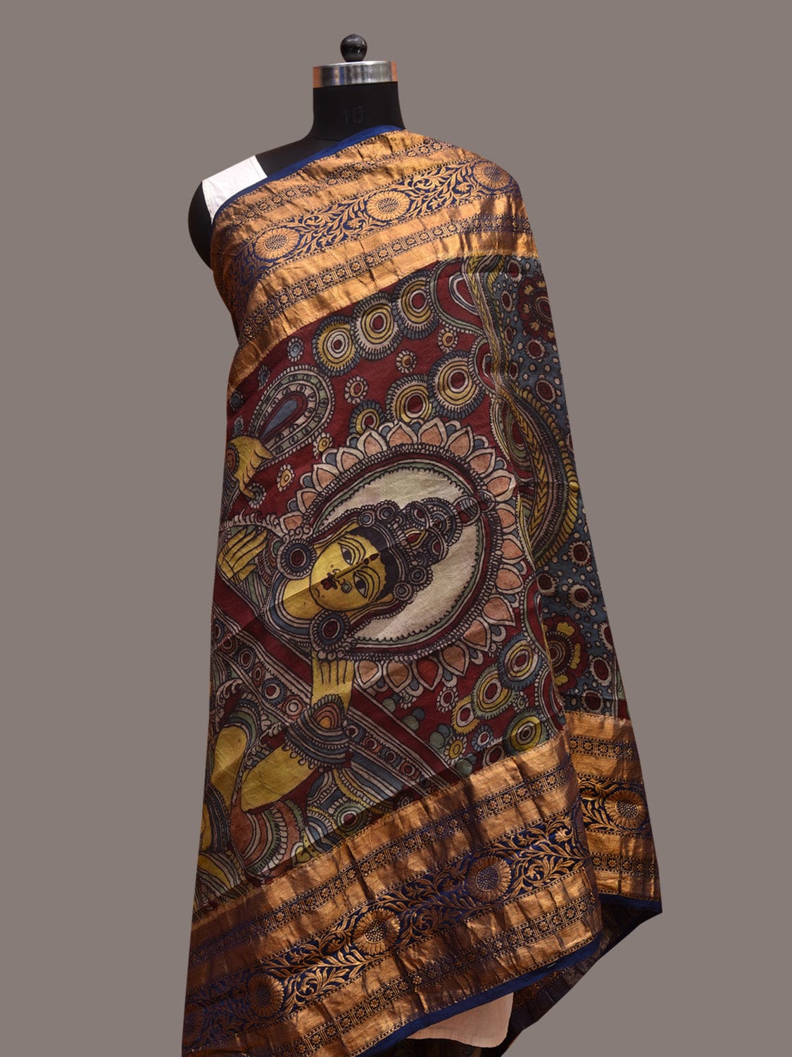 Multicolor Kalamkari Hand Painted Kanchipuram Silk Handloom Dupatta with Saraswati Design ds3629