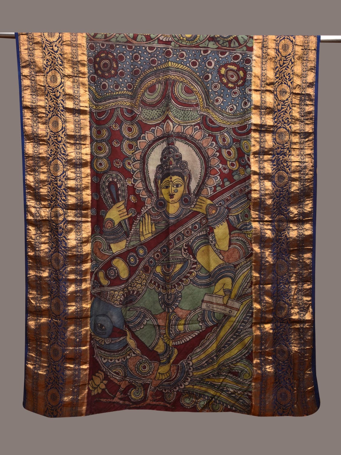 Multicolor Kalamkari Hand Painted Kanchipuram Silk Handloom Dupatta with Saraswati Design ds3629