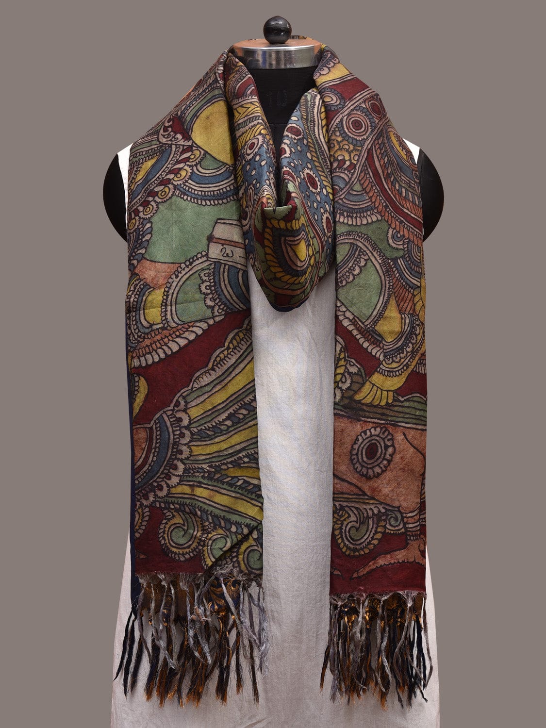 Multicolor Kalamkari Hand Painted Kanchipuram Silk Handloom Dupatta with Saraswati Design ds3629