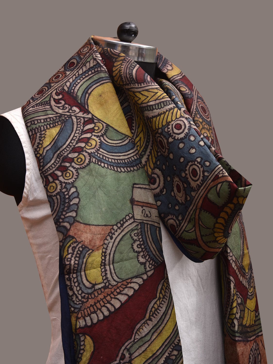Multicolor Kalamkari Hand Painted Kanchipuram Silk Handloom Dupatta with Saraswati Design ds3629