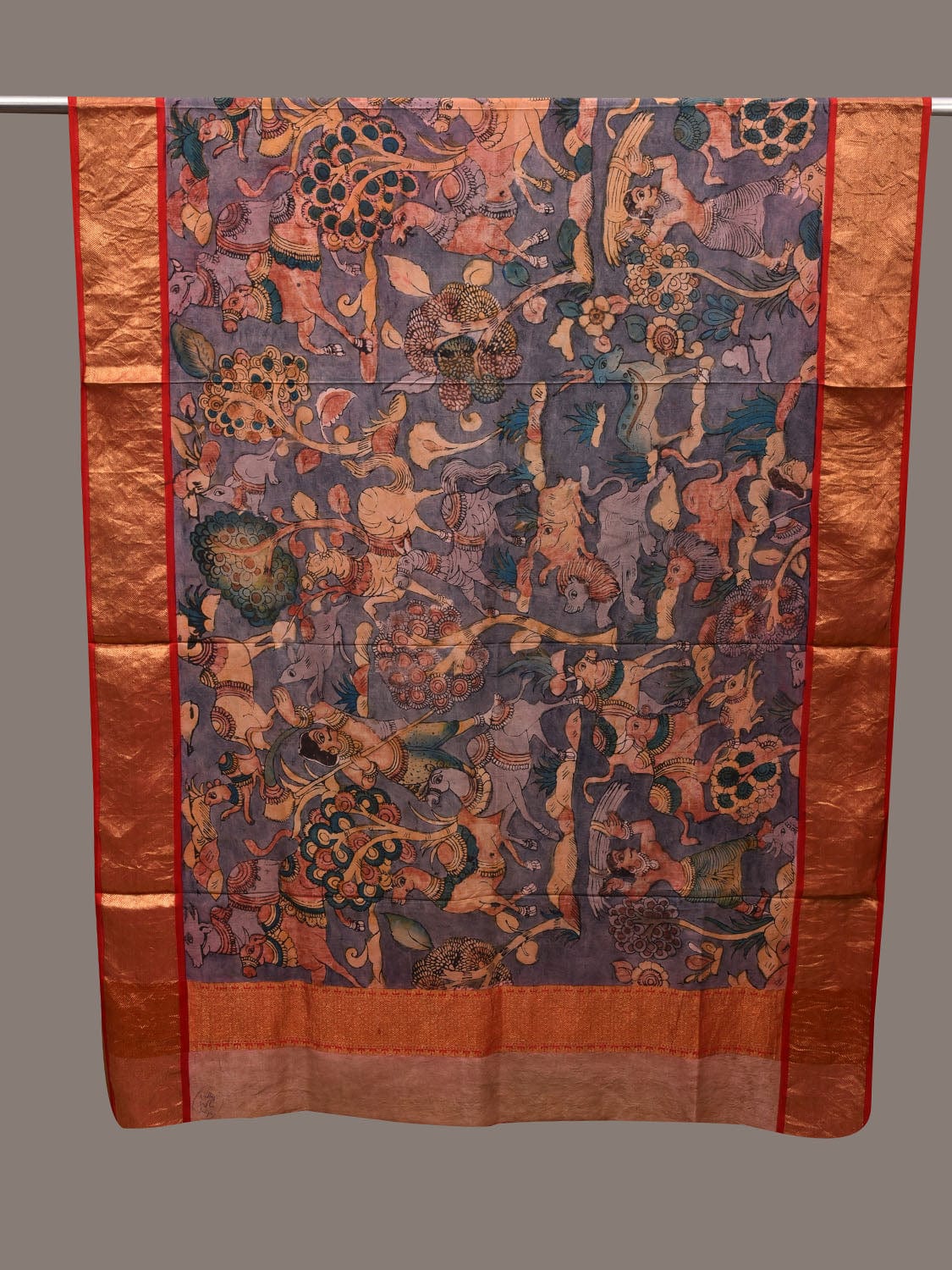 Multicolor Kalamkari Hand Painted Kanchipuram Silk Handloom Dupatta with Villagers and Animals Design ds2718