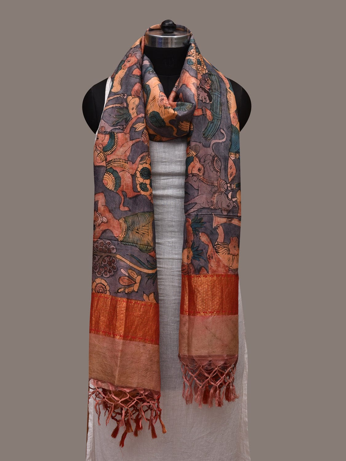 Multicolor Kalamkari Hand Painted Kanchipuram Silk Handloom Dupatta with Villagers and Animals Design ds2718