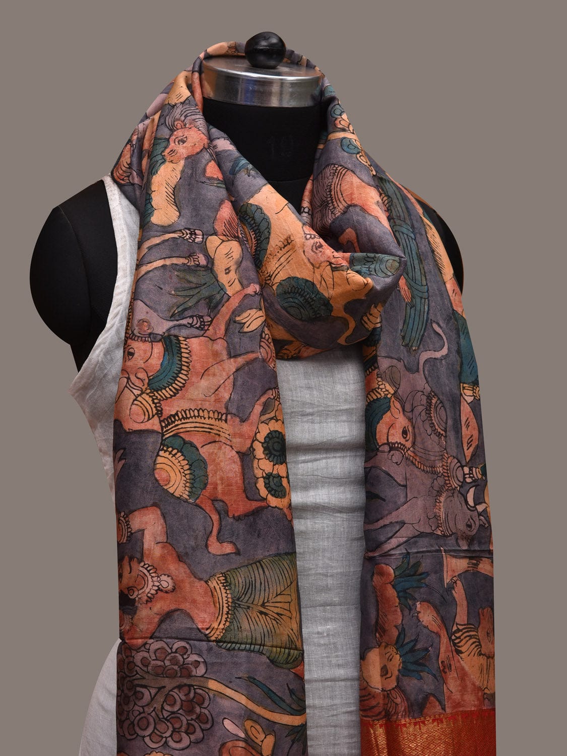 Multicolor Kalamkari Hand Painted Kanchipuram Silk Handloom Dupatta with Villagers and Animals Design ds2718