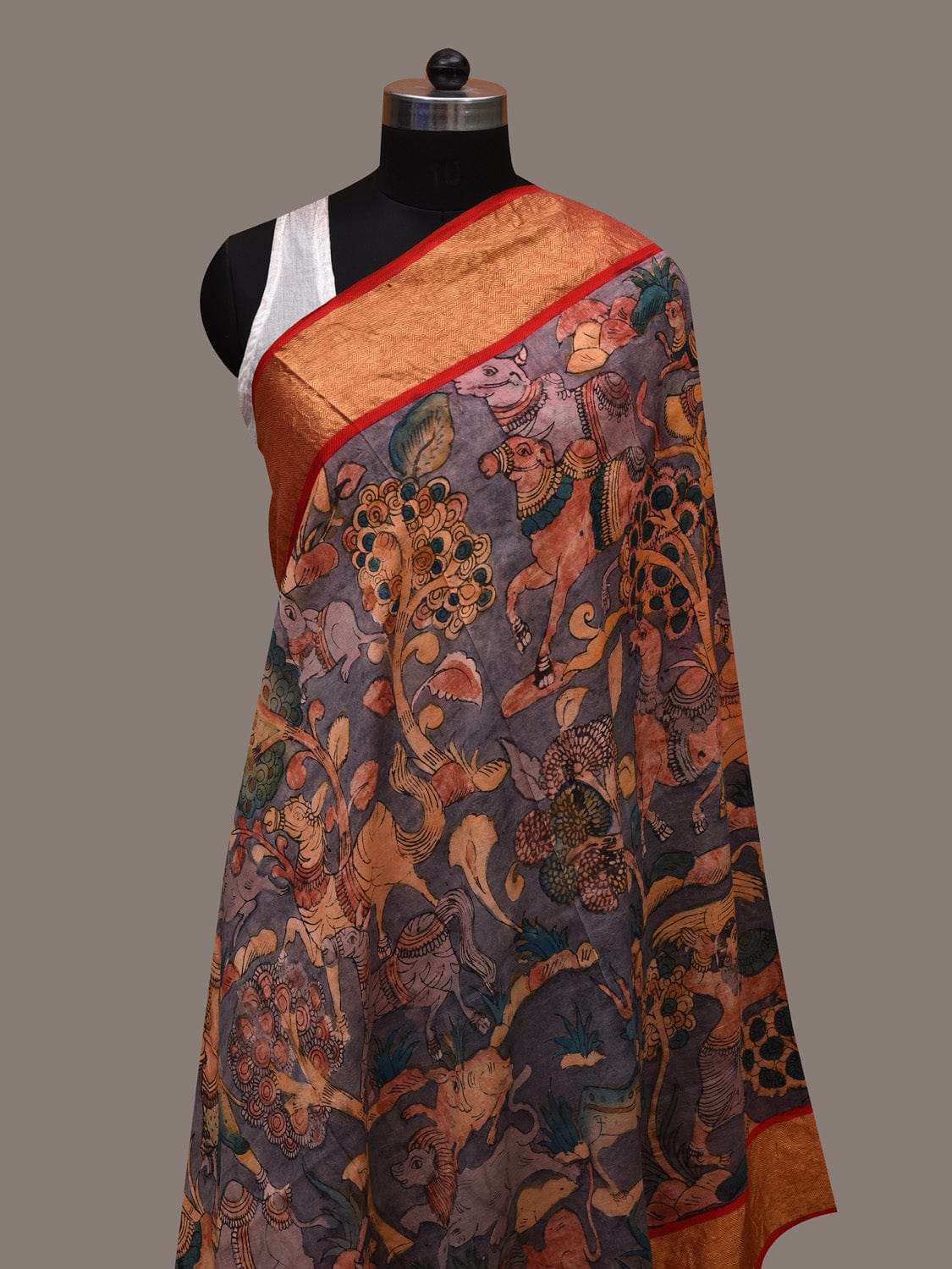 Multicolor Kalamkari Hand Painted Kanchipuram Silk Handloom Dupatta with Villagers and Animals Design ds2718
