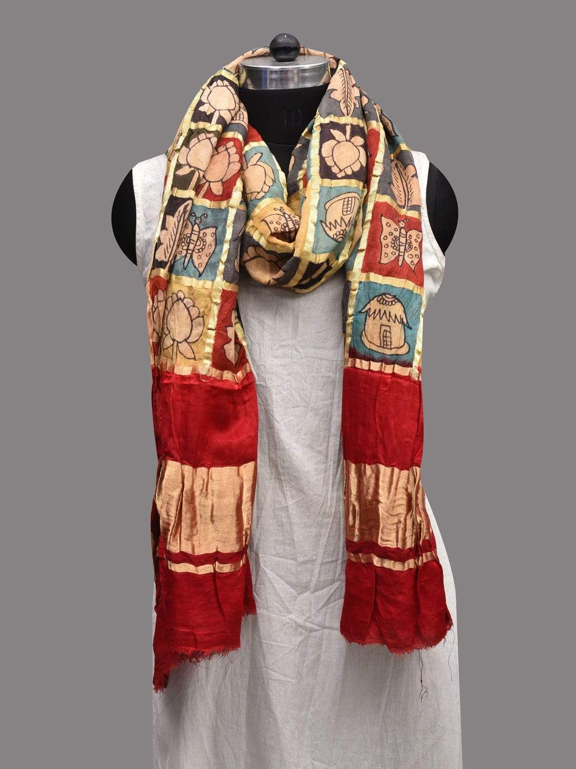 Multicolor Kalamkari Hand Painted Kanchipuram Silk Handloom Dupatta with Zari Checks Design ds2335