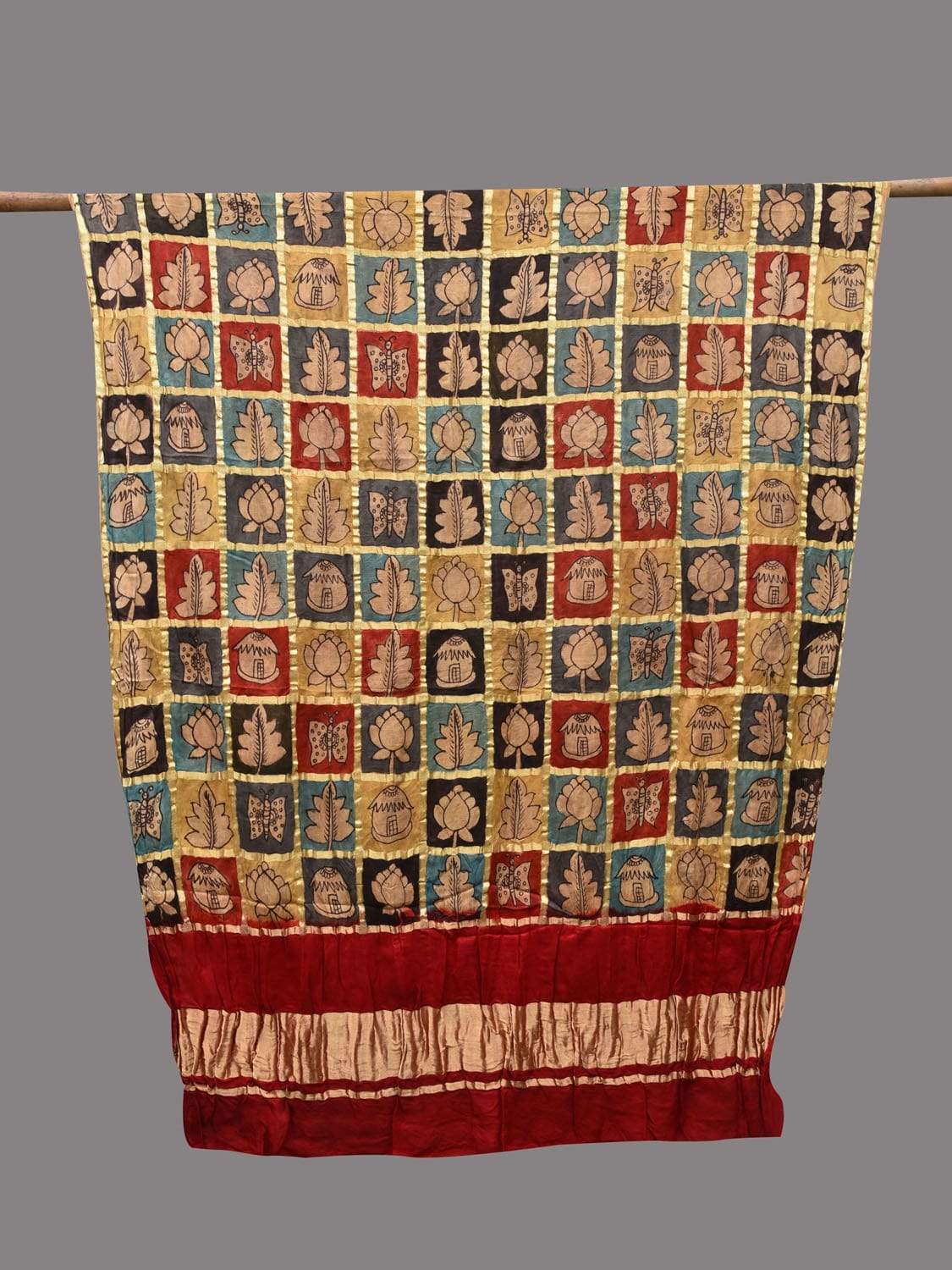 Multicolor Kalamkari Hand Painted Kanchipuram Silk Handloom Dupatta with Zari Checks Design ds2335