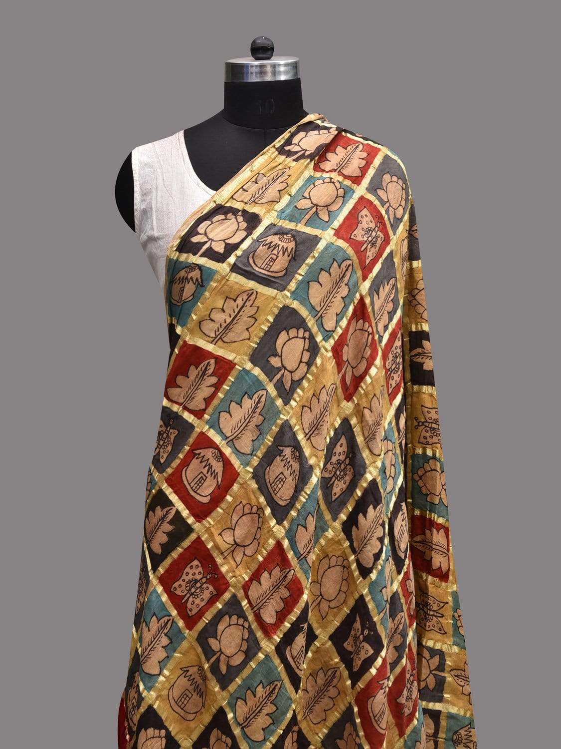 Multicolor Kalamkari Hand Painted Kanchipuram Silk Handloom Dupatta with Zari Checks Design ds2335