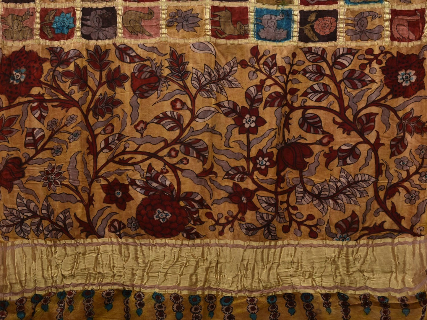 Multicolor Kalamkari Hand Painted Kanchipuram Silk Handloom Saree with Checks Design KL0687