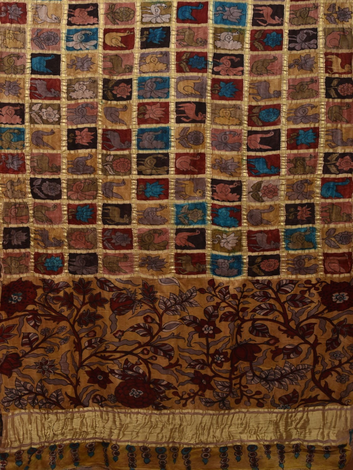 Multicolor Kalamkari Hand Painted Kanchipuram Silk Handloom Saree with Checks Design KL0687