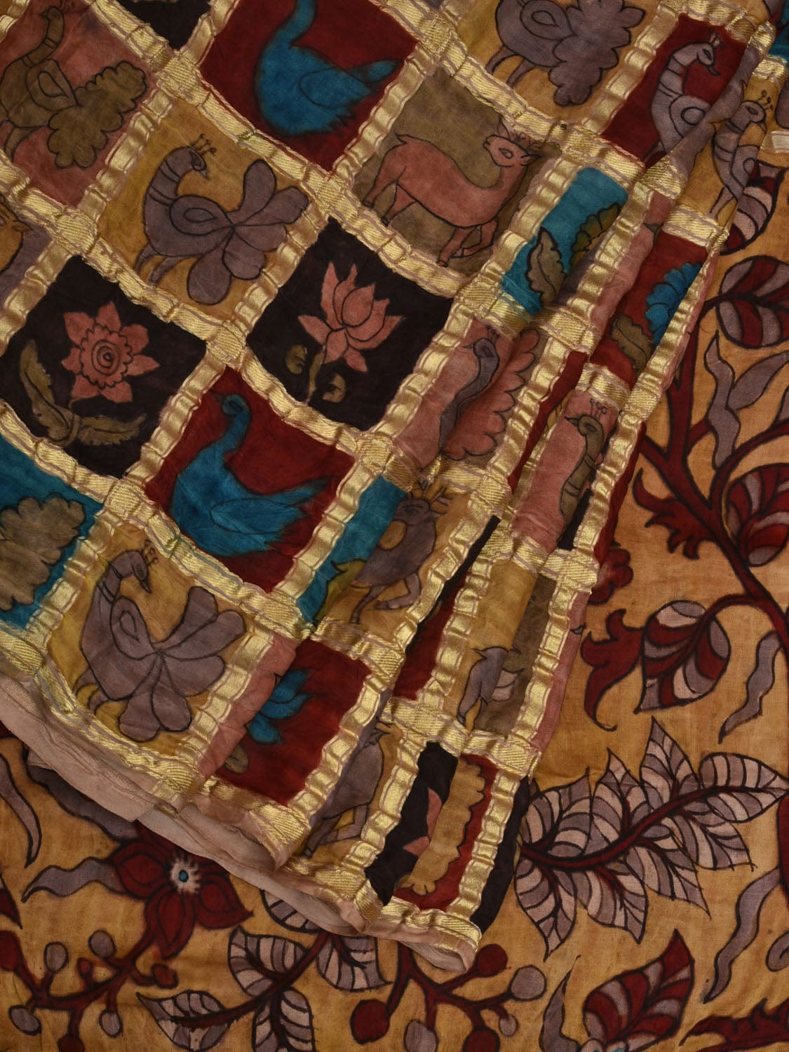 Multicolor Kalamkari Hand Painted Kanchipuram Silk Handloom Saree with Checks Design KL0687