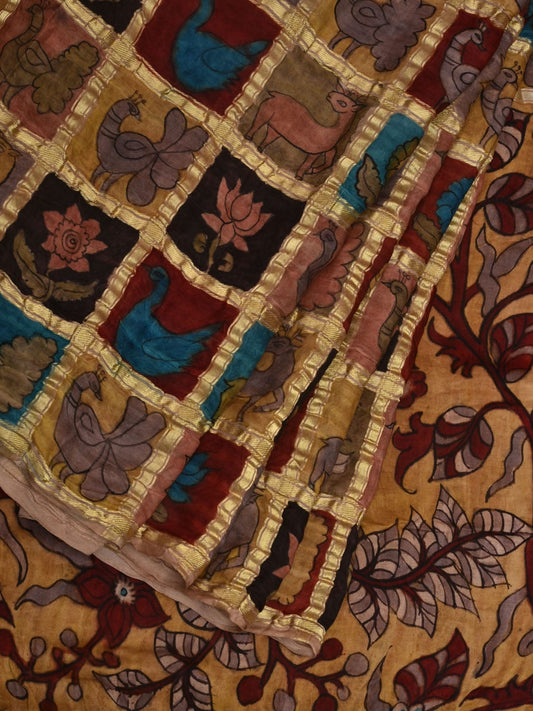 Multicolor Kalamkari Hand Painted Kanchipuram Silk Handloom Saree with Checks Design KL0687