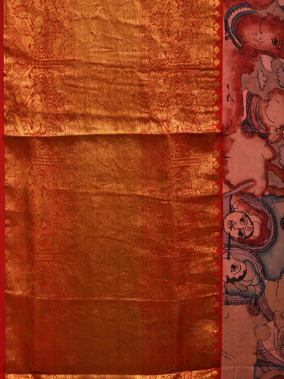 Multicolor Kalamkari Hand Painted Kanchipuram Silk Handloom Saree with Cows and Krishna Design KL0671