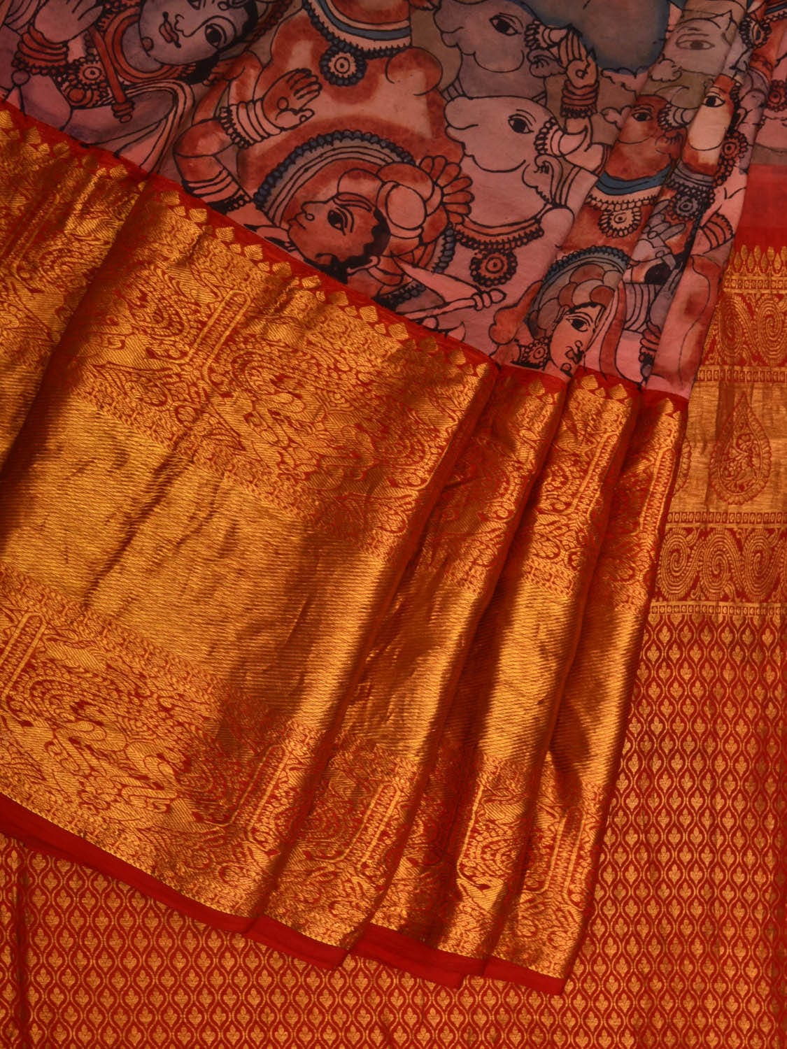 Multicolor Kalamkari Hand Painted Kanchipuram Silk Handloom Saree with Cows and Krishna Design KL0671