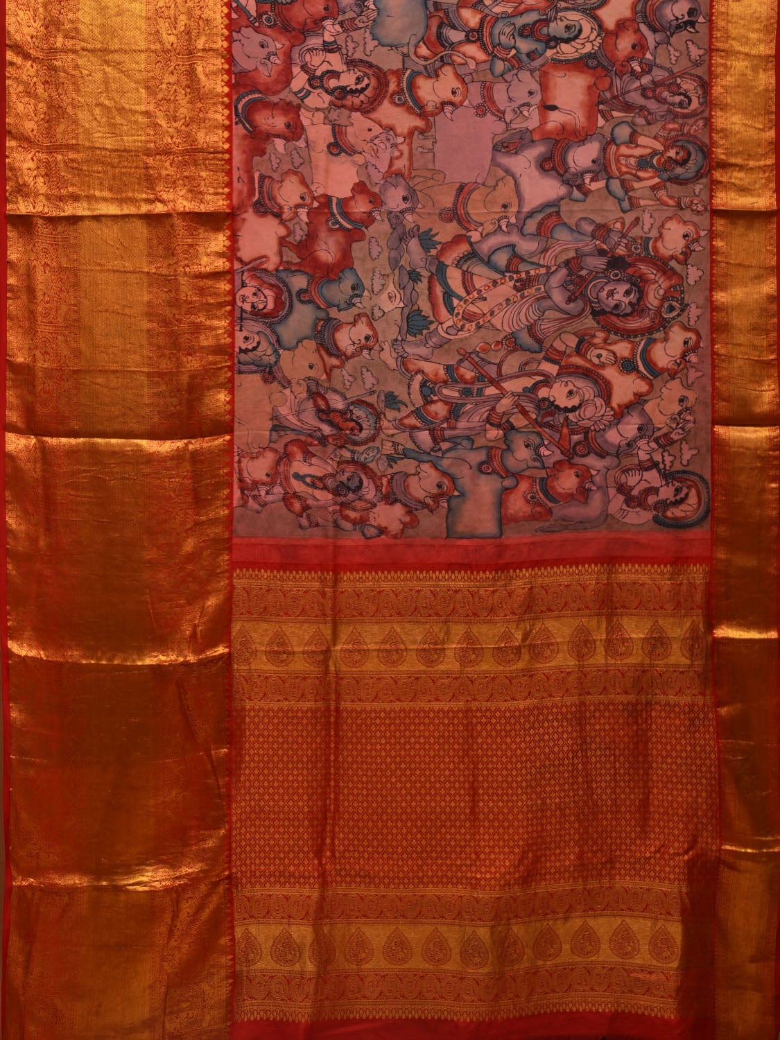 Multicolor Kalamkari Hand Painted Kanchipuram Silk Handloom Saree with Cows and Krishna Design KL0671