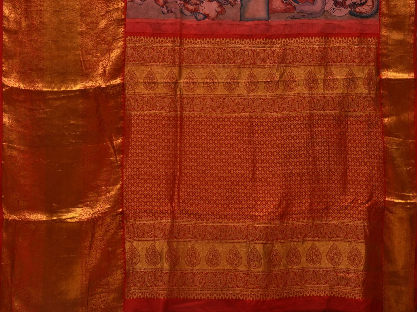 Multicolor Kalamkari Hand Painted Kanchipuram Silk Handloom Saree with Cows and Krishna Design KL0671