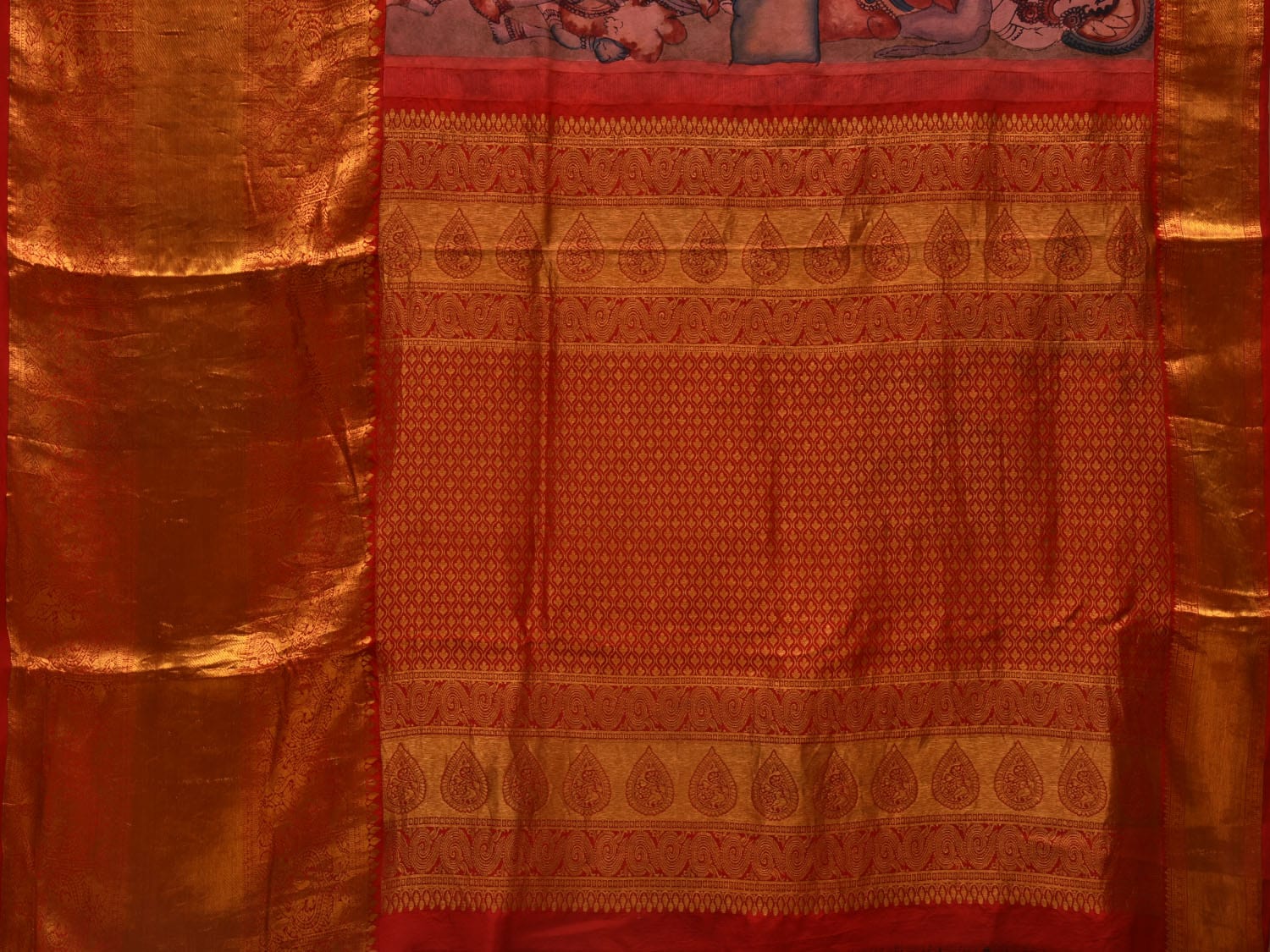 Multicolor Kalamkari Hand Painted Kanchipuram Silk Handloom Saree with Cows and Krishna Design KL0671