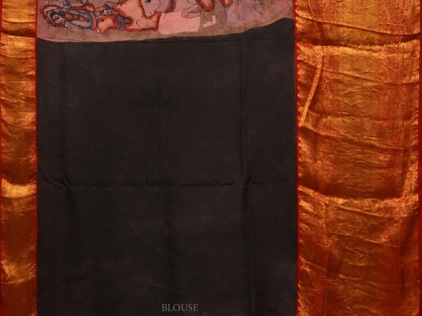 Multicolor Kalamkari Hand Painted Kanchipuram Silk Handloom Saree with Cows and Krishna Design KL0671