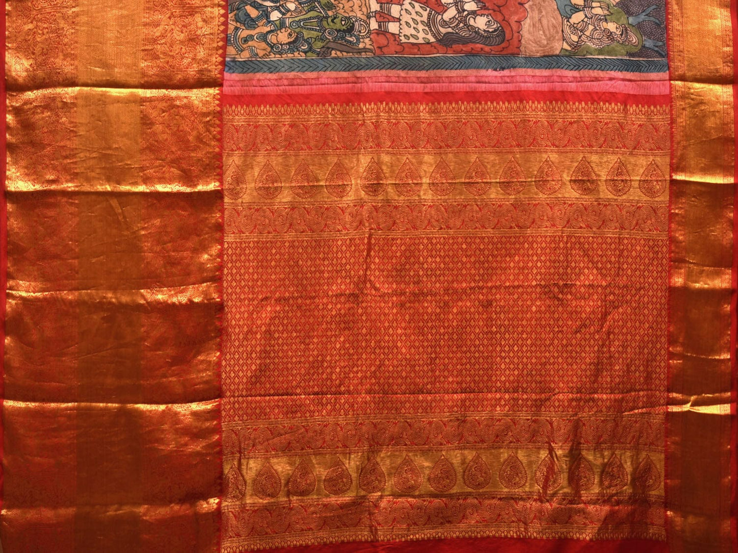 Multicolor Kalamkari Hand Painted Kanchipuram Silk Handloom Saree with Dashavatar Design KL0659