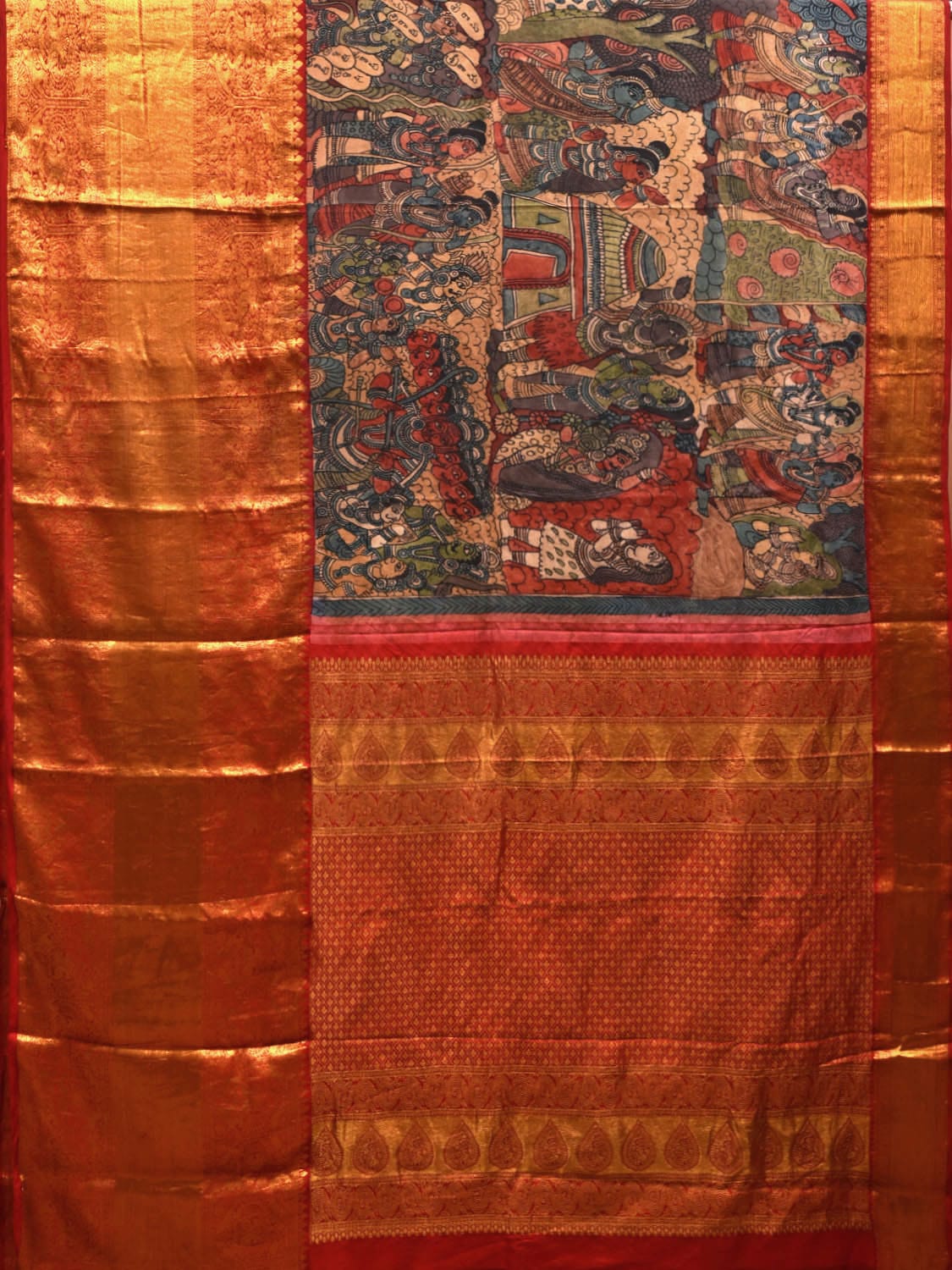 Multicolor Kalamkari Hand Painted Kanchipuram Silk Handloom Saree with Dashavatar Design KL0659