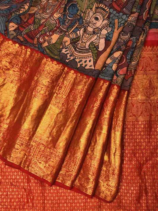 Multicolor Kalamkari Hand Painted Kanchipuram Silk Handloom Saree with Dashavatar Design KL0659