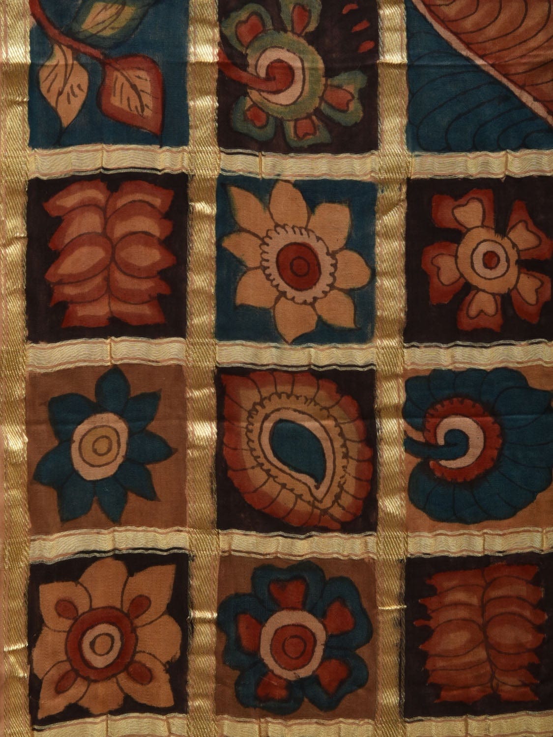 Multicolor Kalamkari Hand Painted Kanchipuram Silk Handloom Saree with Floral and Peacocks Pallu Design KL0578