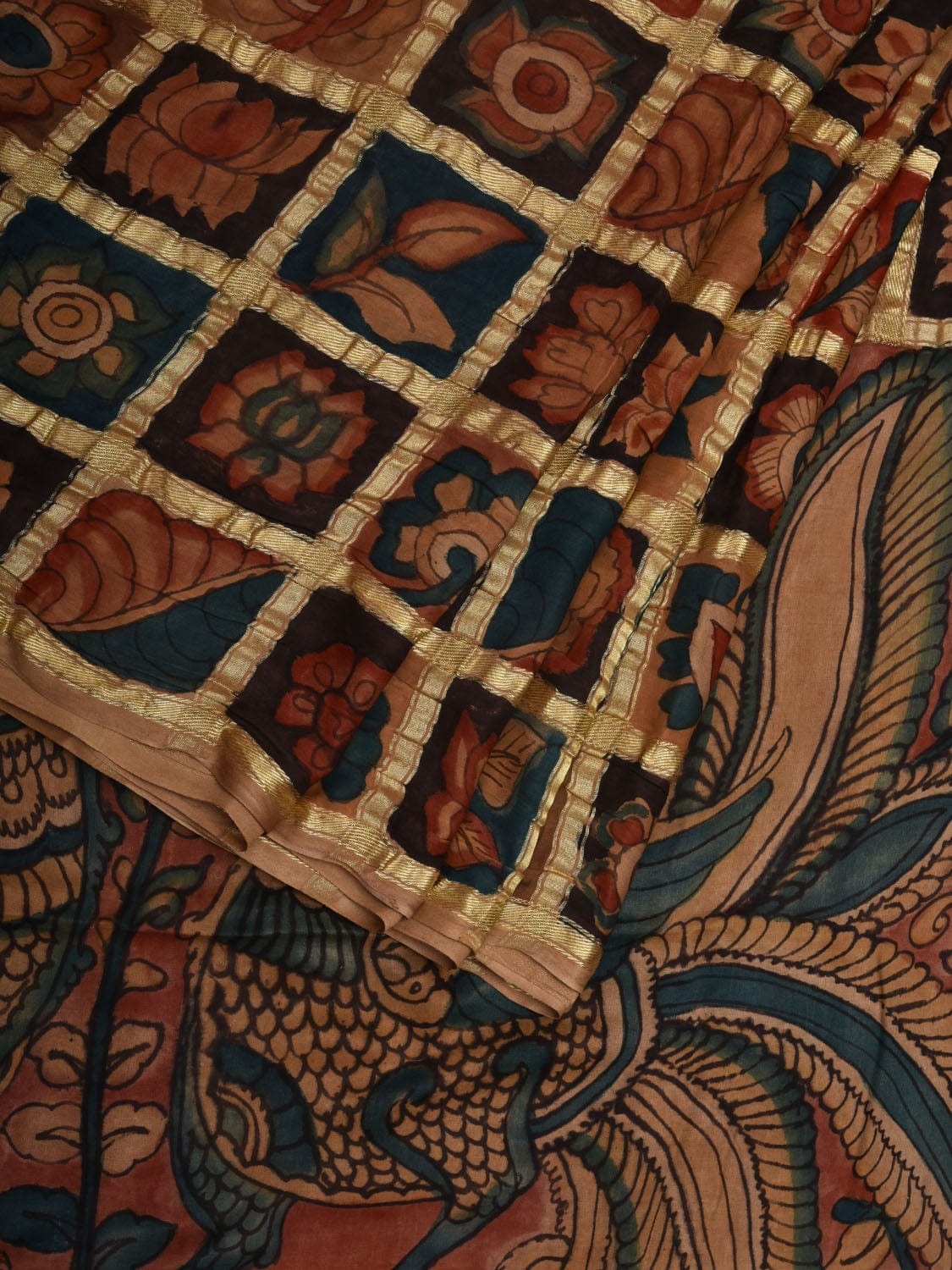 Multicolor Kalamkari Hand Painted Kanchipuram Silk Handloom Saree with Floral and Peacocks Pallu Design KL0578