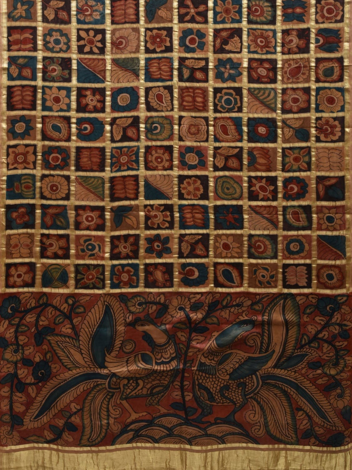 Multicolor Kalamkari Hand Painted Kanchipuram Silk Handloom Saree with Floral and Peacocks Pallu Design KL0578