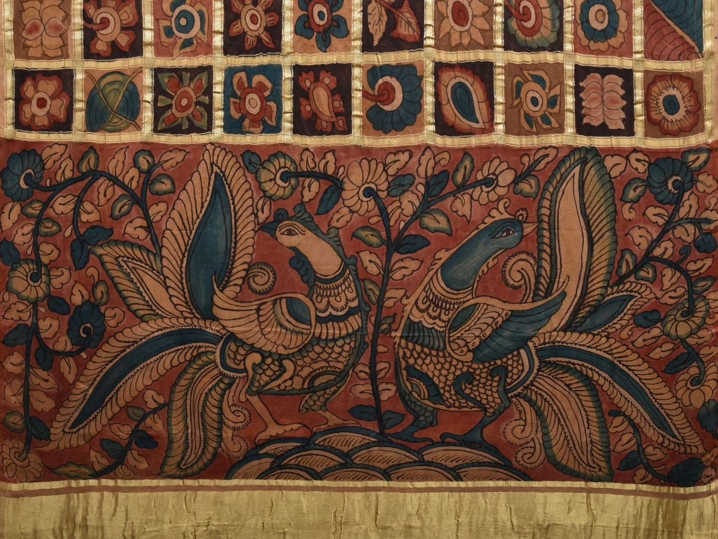 Multicolor Kalamkari Hand Painted Kanchipuram Silk Handloom Saree with Floral and Peacocks Pallu Design KL0578