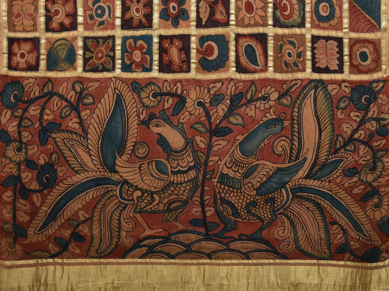 Multicolor Kalamkari Hand Painted Kanchipuram Silk Handloom Saree with Floral and Peacocks Pallu Design KL0578