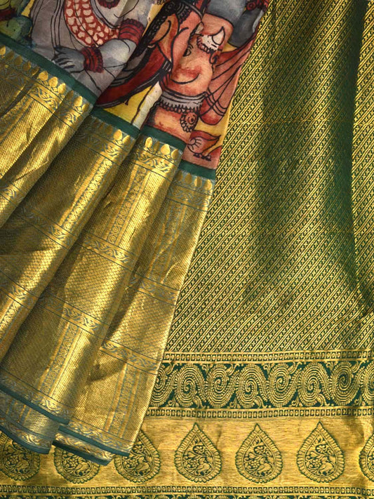 Multicolor Kalamkari Hand Painted Kanchipuram Silk Handloom Saree with Krishna and Cows Design KL0440