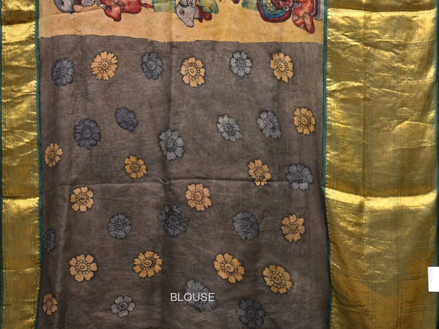 Multicolor Kalamkari Hand Painted Kanchipuram Silk Handloom Saree with Krishna and Cows Design KL0440