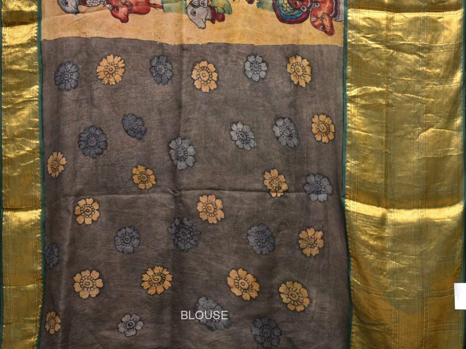 Multicolor Kalamkari Hand Painted Kanchipuram Silk Handloom Saree with Krishna and Cows Design KL0440