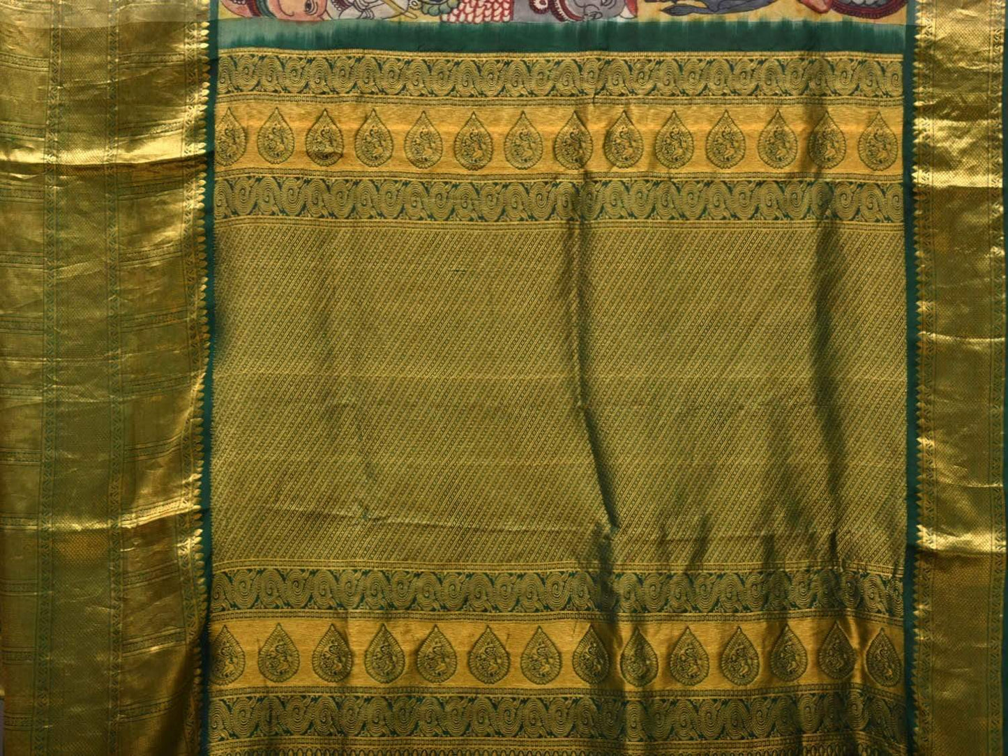 Multicolor Kalamkari Hand Painted Kanchipuram Silk Handloom Saree with Krishna and Cows Design KL0440