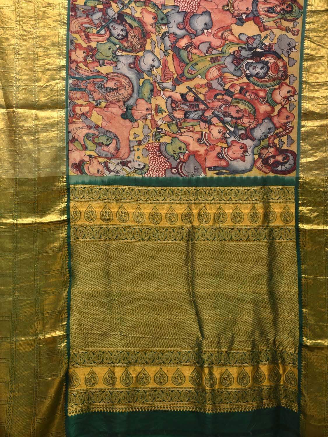 Multicolor Kalamkari Hand Painted Kanchipuram Silk Handloom Saree with Krishna and Cows Design KL0440