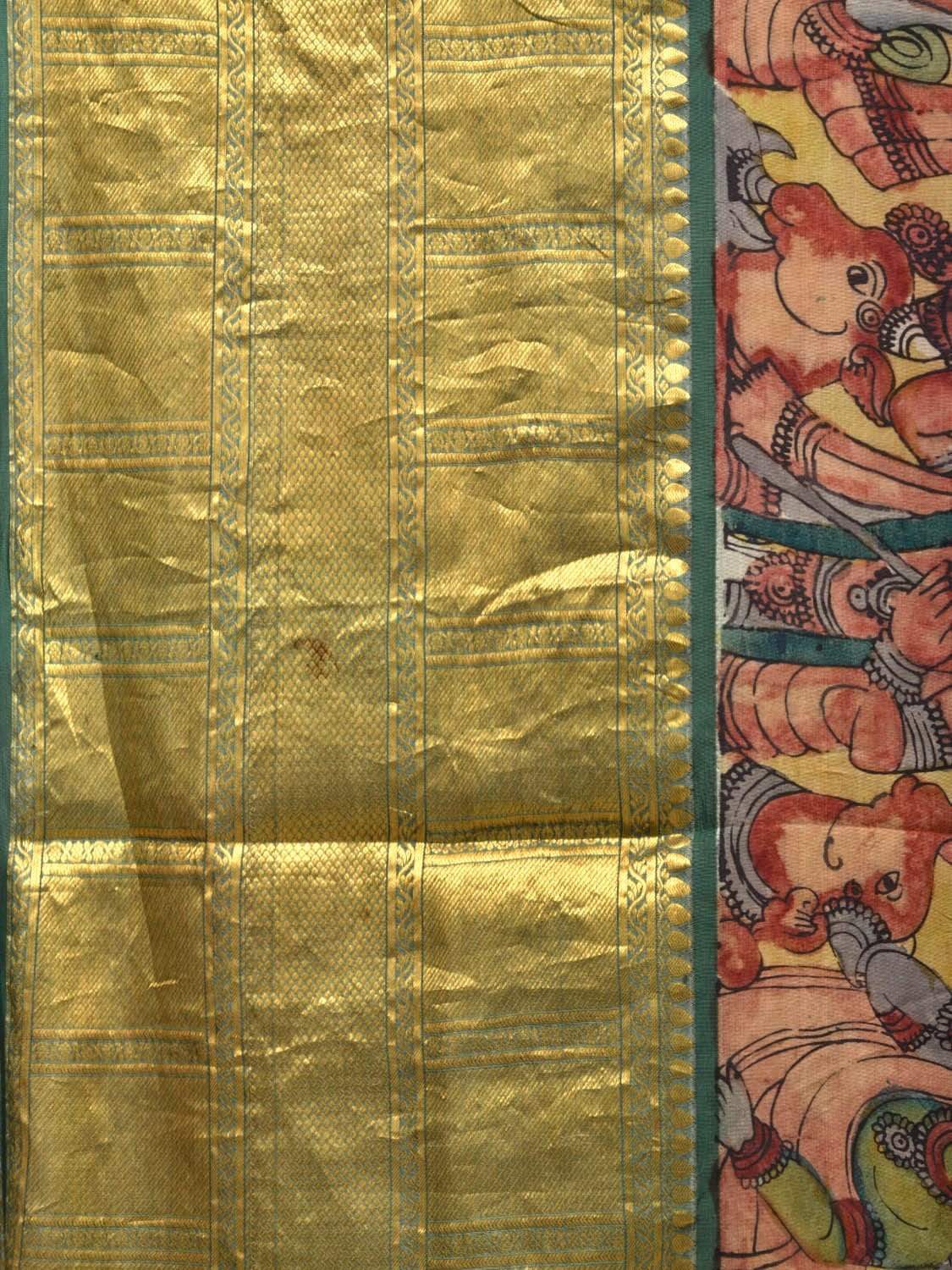Multicolor Kalamkari Hand Painted Kanchipuram Silk Handloom Saree with Krishna and Cows Design KL0440