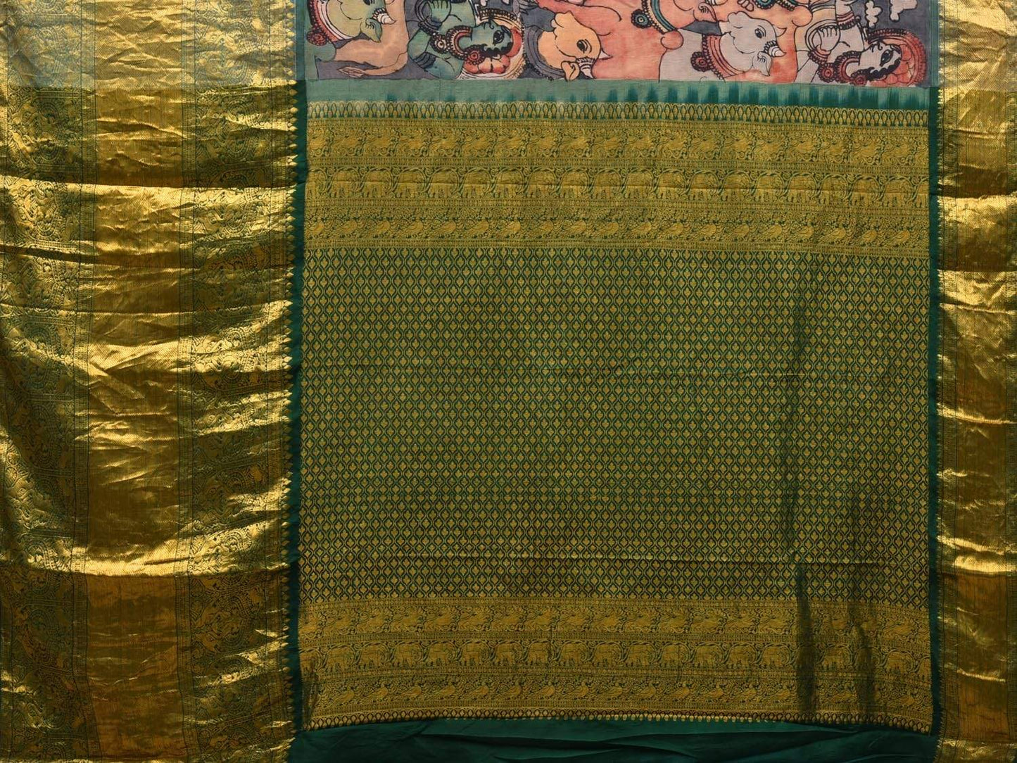 Multicolor Kalamkari Hand Painted Kanchipuram Silk Handloom Saree with Krishna and Cows Design KL0552
