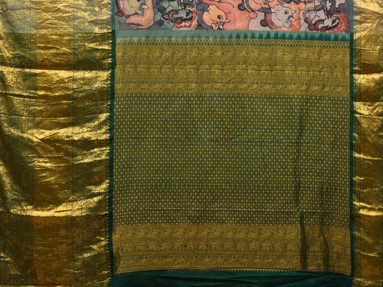 Multicolor Kalamkari Hand Painted Kanchipuram Silk Handloom Saree with Krishna and Cows Design KL0552