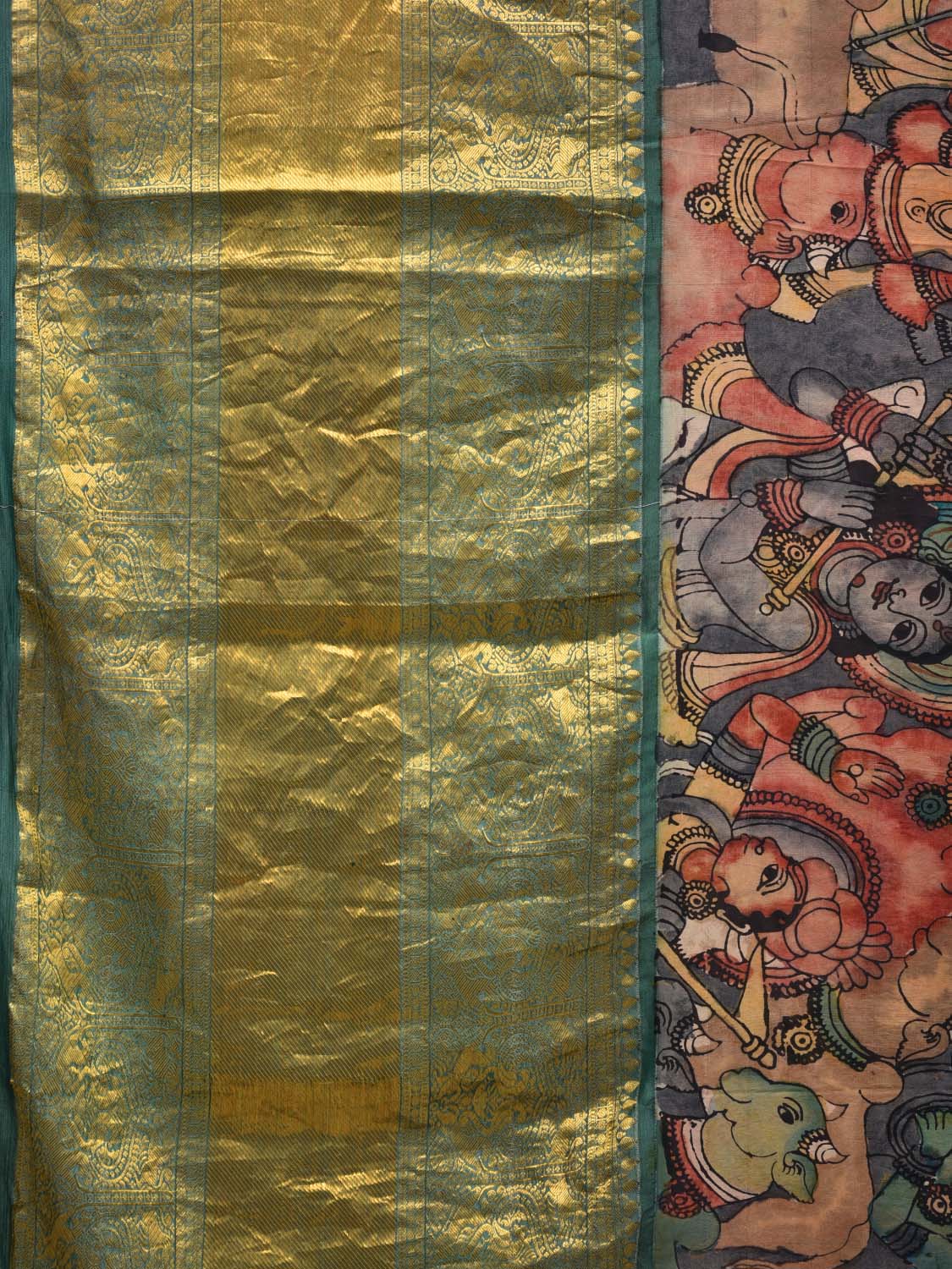 Multicolor Kalamkari Hand Painted Kanchipuram Silk Handloom Saree with Krishna and Cows Design KL0552
