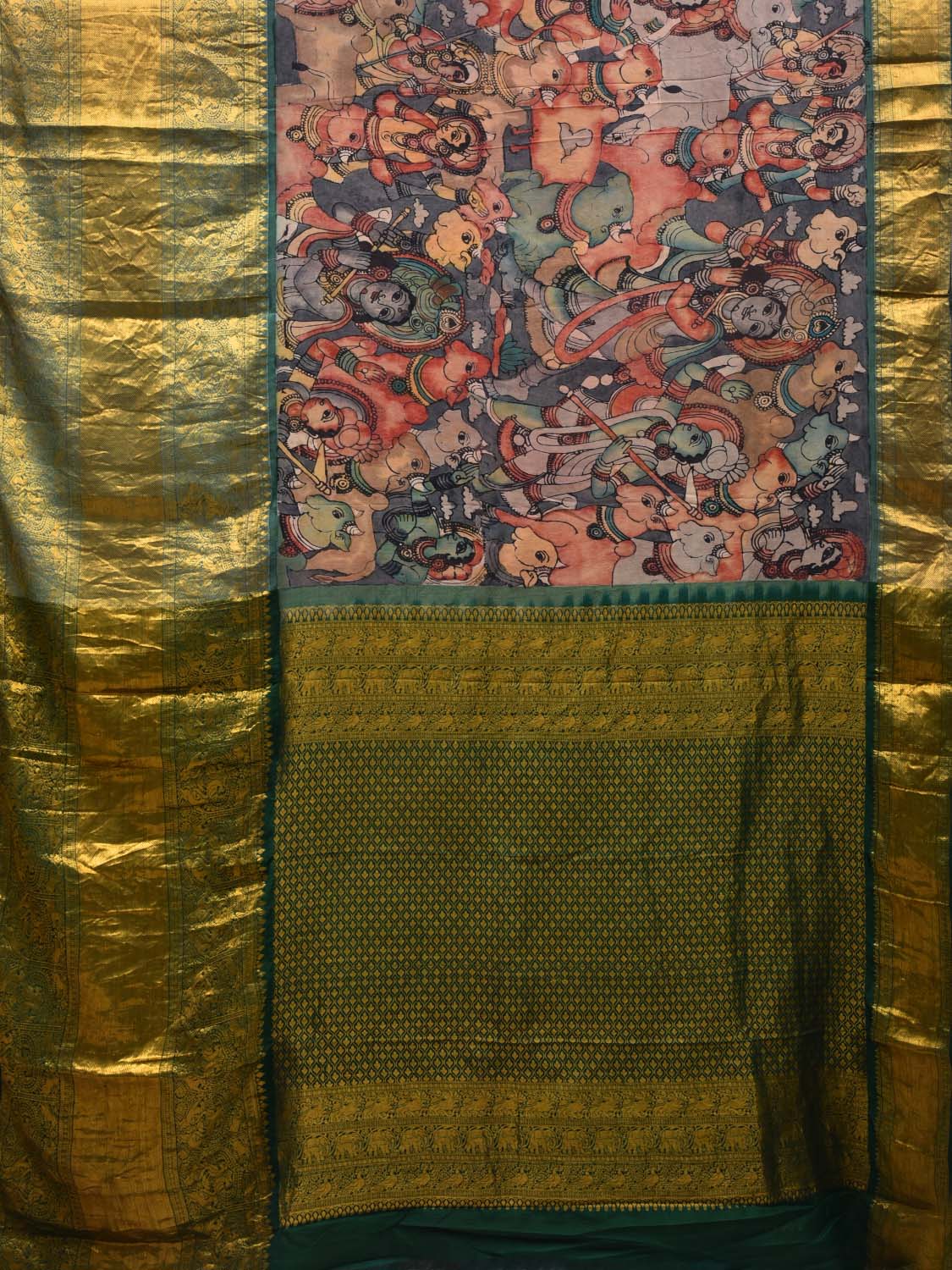 Multicolor Kalamkari Hand Painted Kanchipuram Silk Handloom Saree with Krishna and Cows Design KL0552