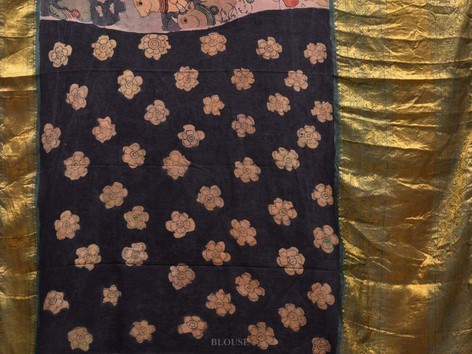 Multicolor Kalamkari Hand Painted Kanchipuram Silk Handloom Saree with Krishna and Cows Design KL0552